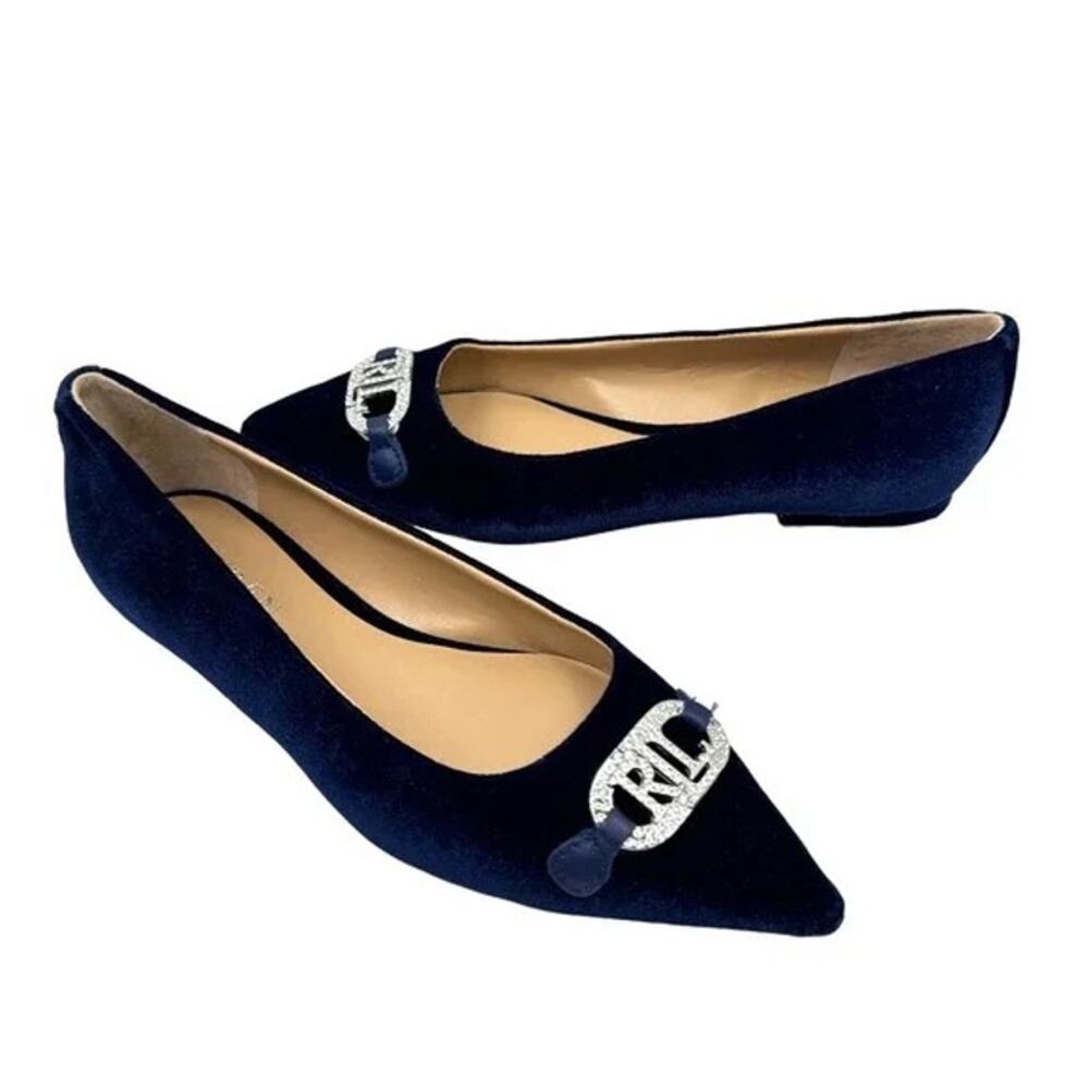 NEW Lauren Ralph Lauren | Lilah Navy Blue Velvet Crystal Logo Pointed Toe Flat